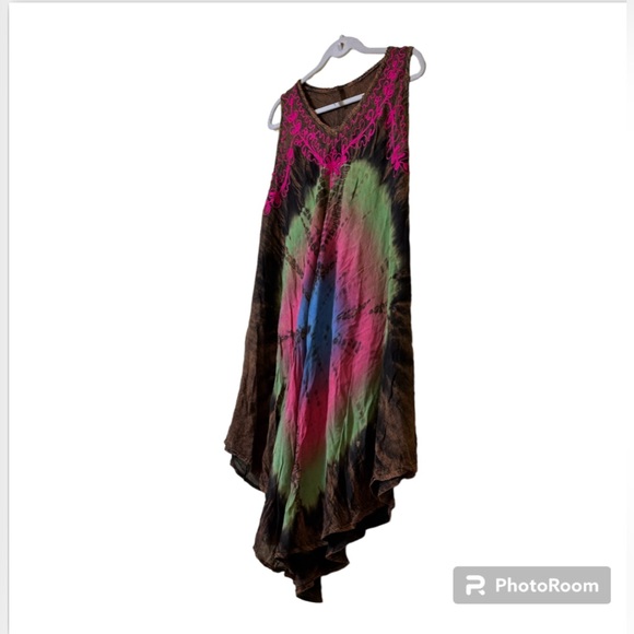 Sun Dress—True Rock Free Size Tie-Dye Rayon Embroidered V-neck, Brown Pink - Picture 12 of 12